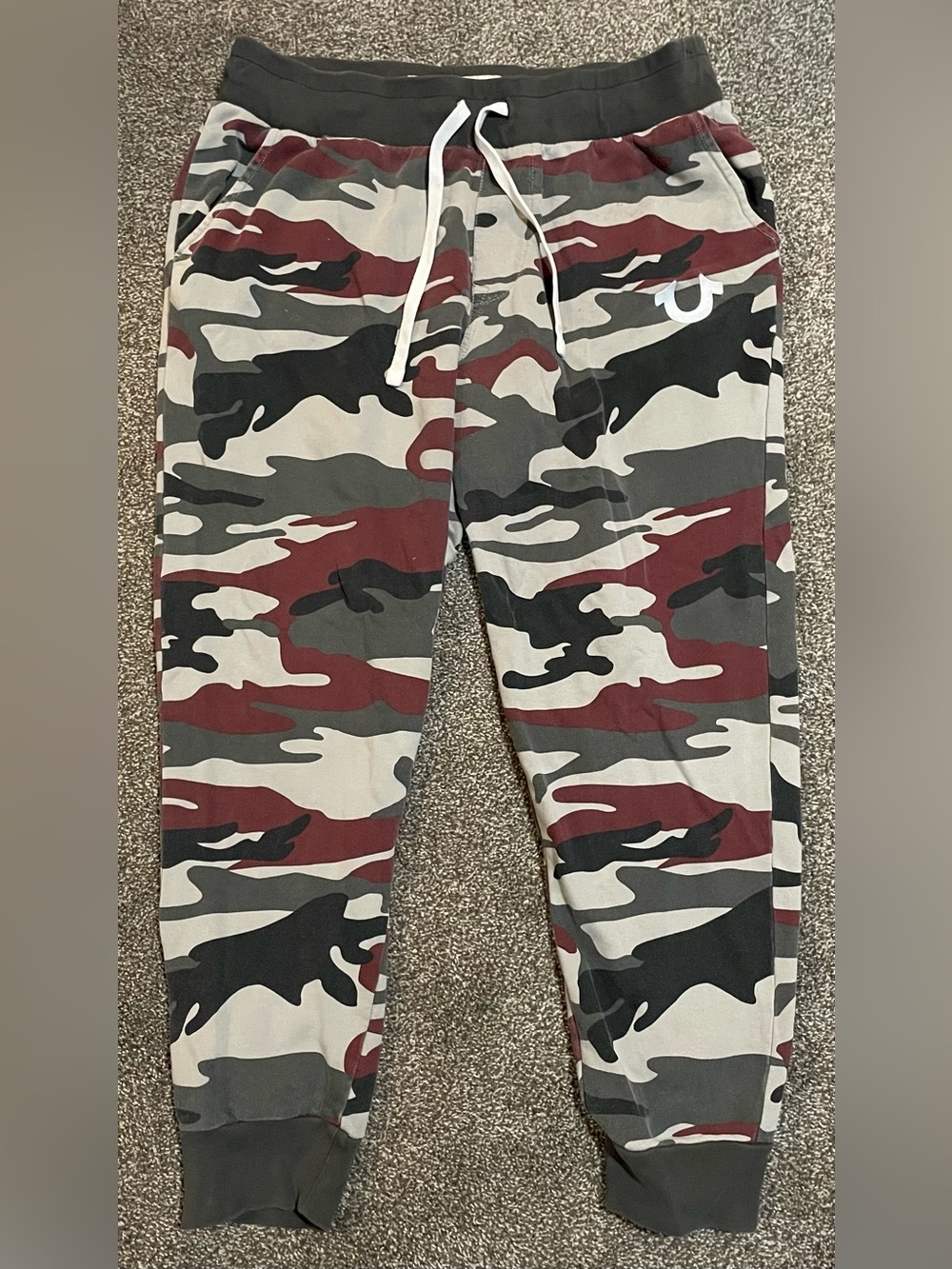True Religion Gray Black Red Camo Sweatpants with White Logo Patch